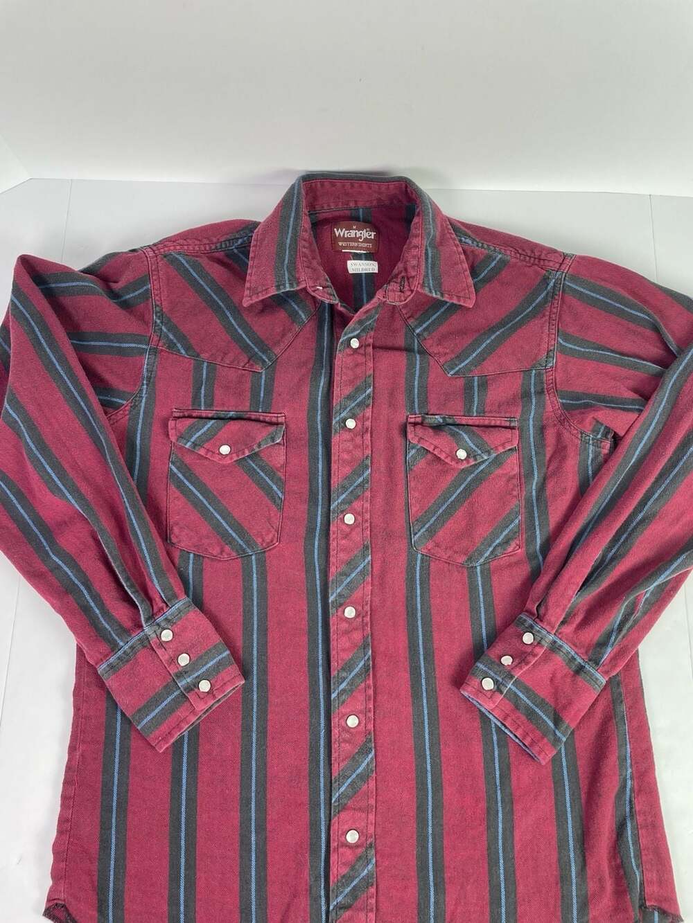 Wrangler Western Pearl Snap Striped Shirt Burgundy Maroon Size M